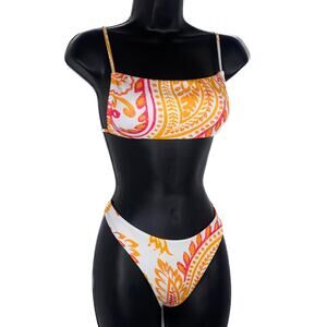 New Small Orange Pink Paisley Print Square Neck Bandeau Bikini Halter Swimsuit